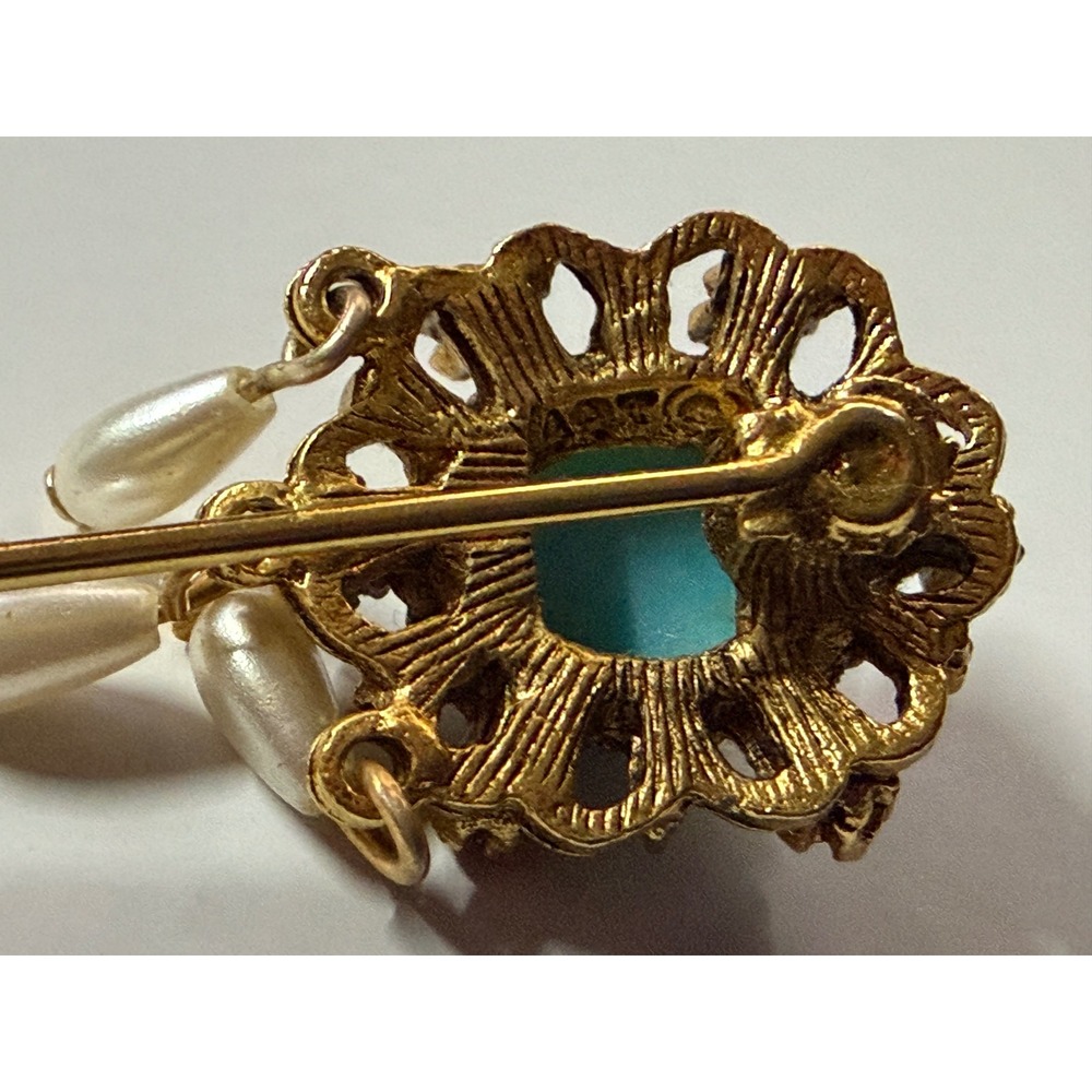 Vintage ART Signed Victorian Revival Turquoise Coral Pearl Dangle Stick Pin - Picture 4 of 5